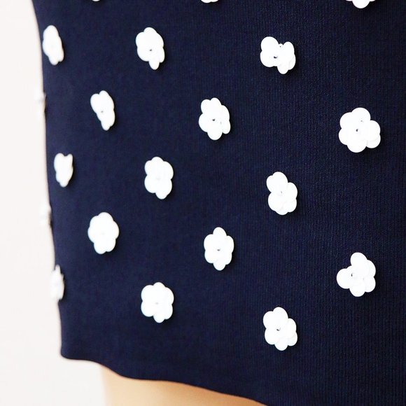 Michael Kors Navy Blue White Sequins Floral Rosette Embellished Knit Midi Dress - Picture 11 of 16